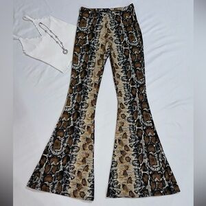 Fashion Nova Snake Print Flare Pants - Brown and Black